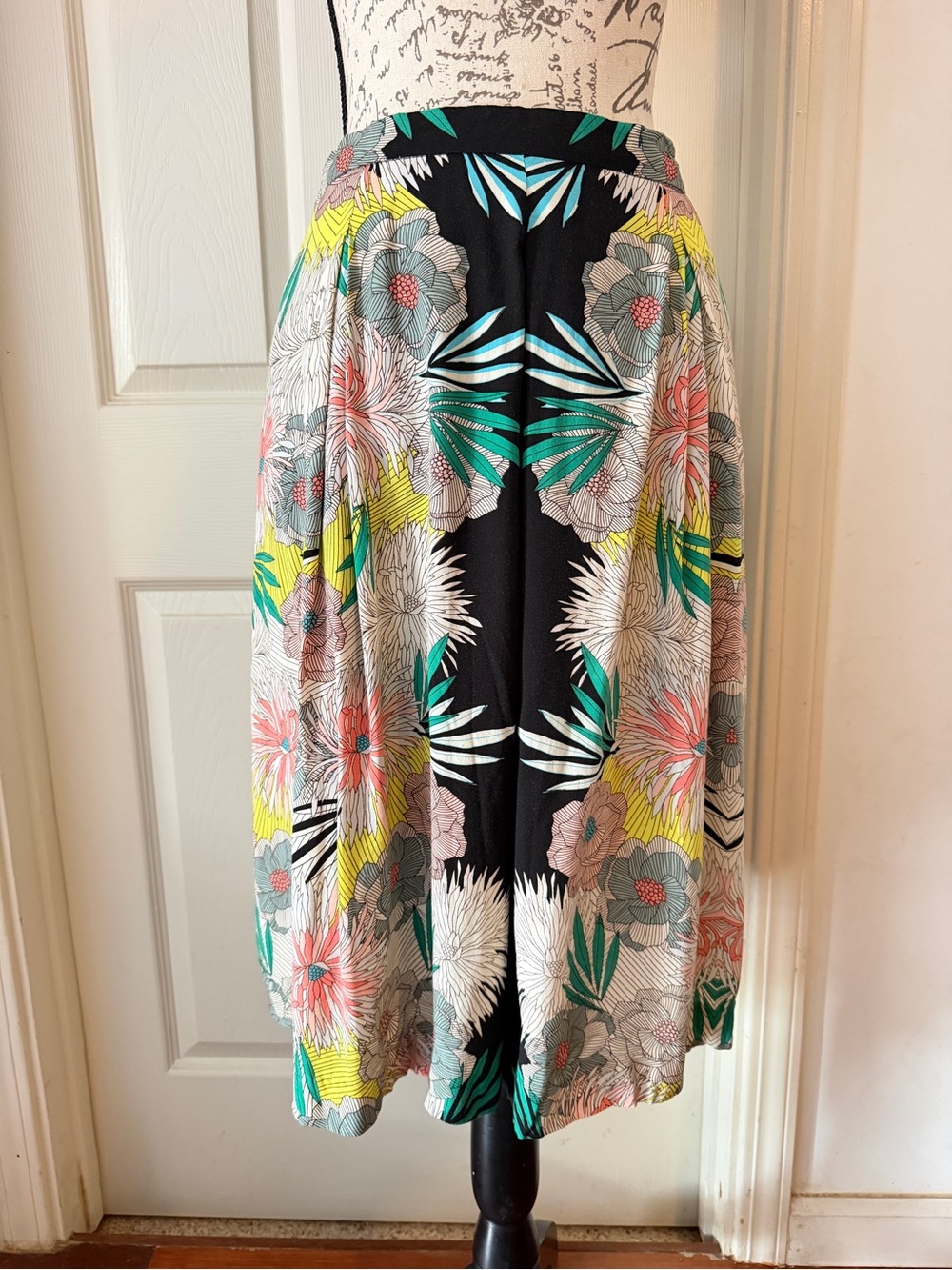 Corey Lynn Calter Black Floral Midi Skirt with Teal, Coral & Yellow Accents